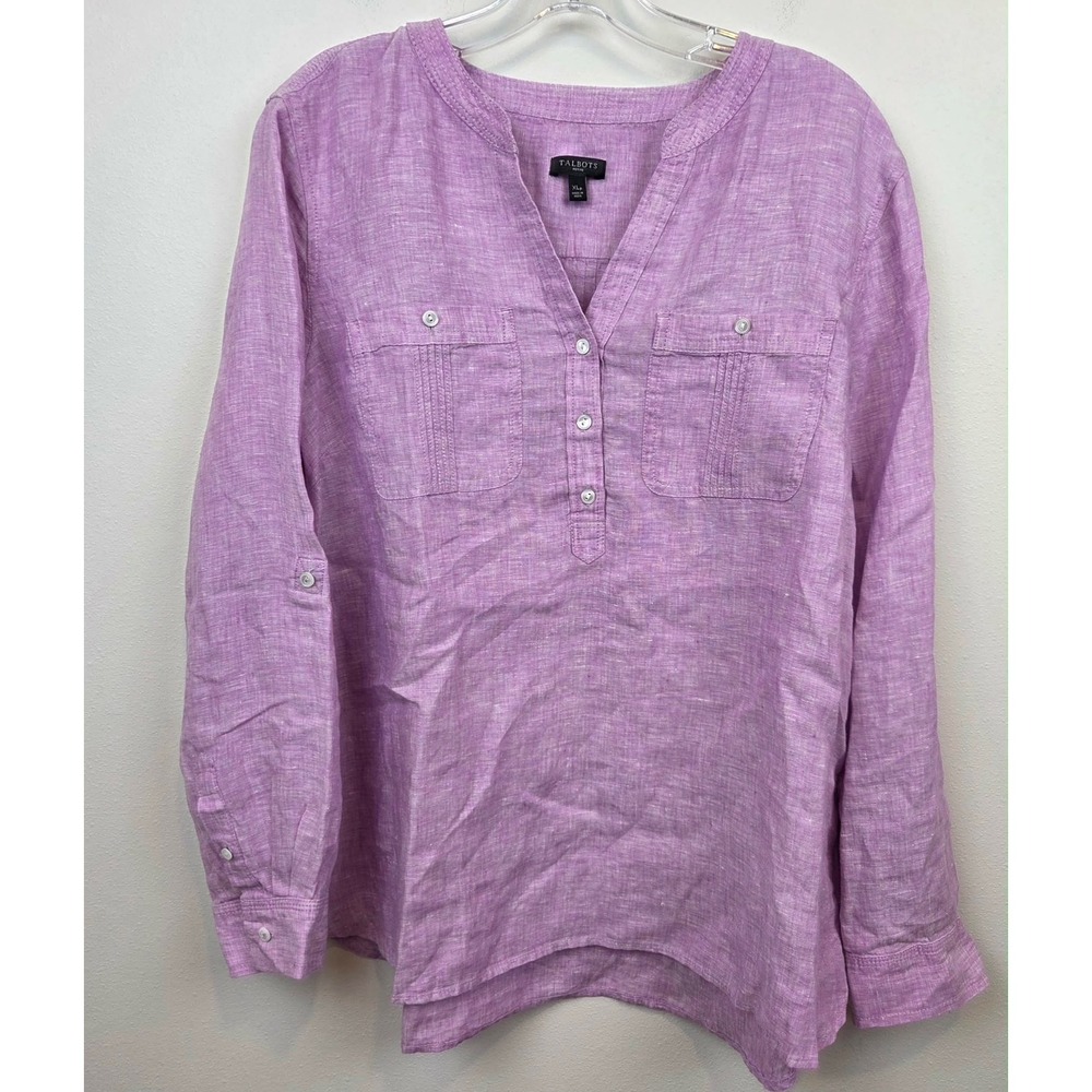 Talbots Petite XLP Purple 100% Linen Roll Tab Sleeve Button Blouse Top